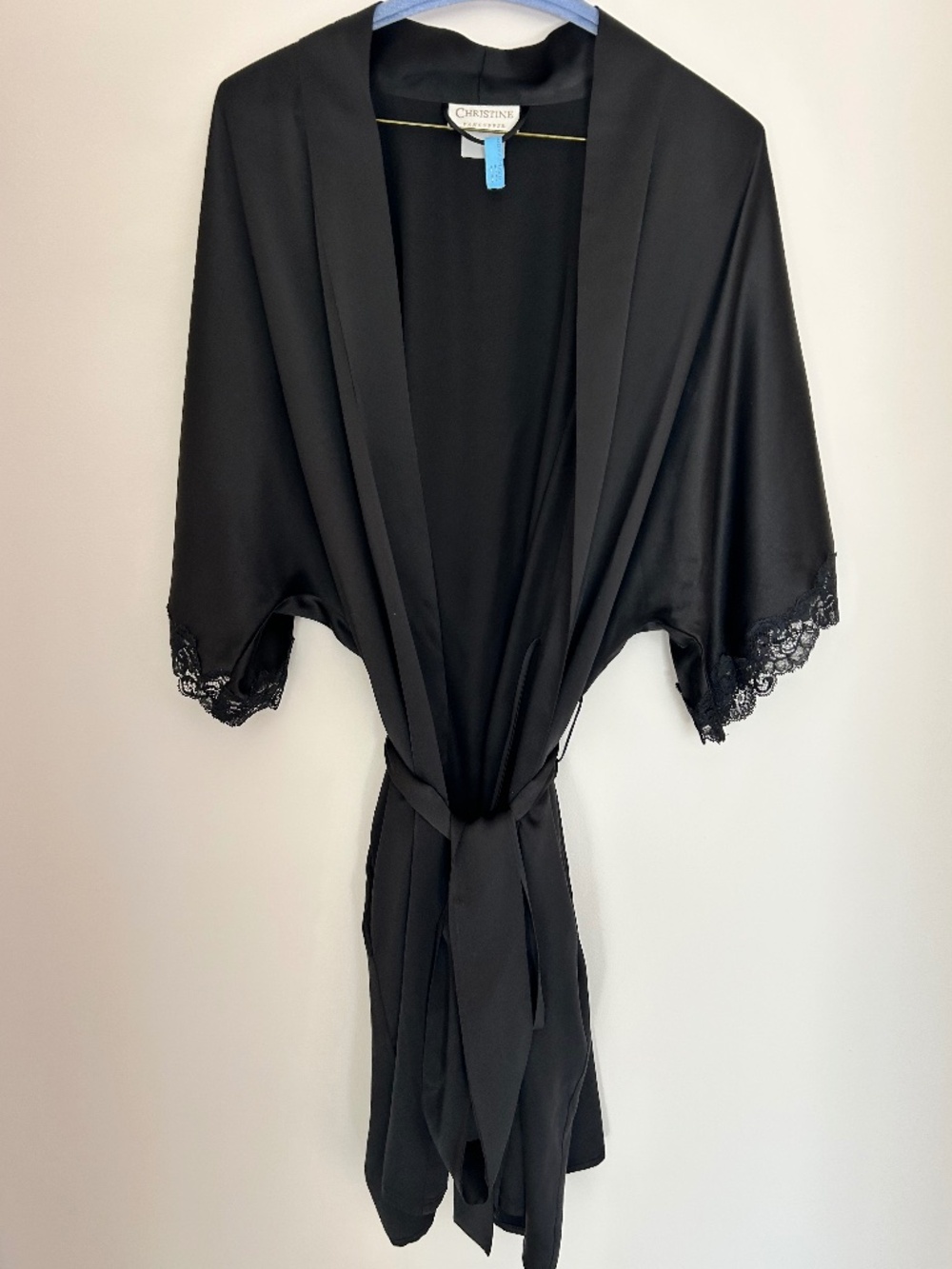 Christine Vancouver Black Silk Lace Trim Kimono Wrap Robe OS